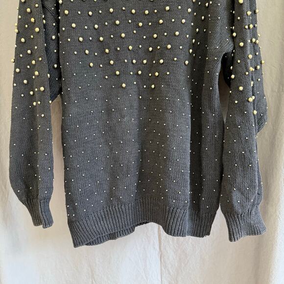 Vintage Rochelle-Forest Black Sweater Gold Stud Beads Ramie Cotton L - Picture 4 of 16
